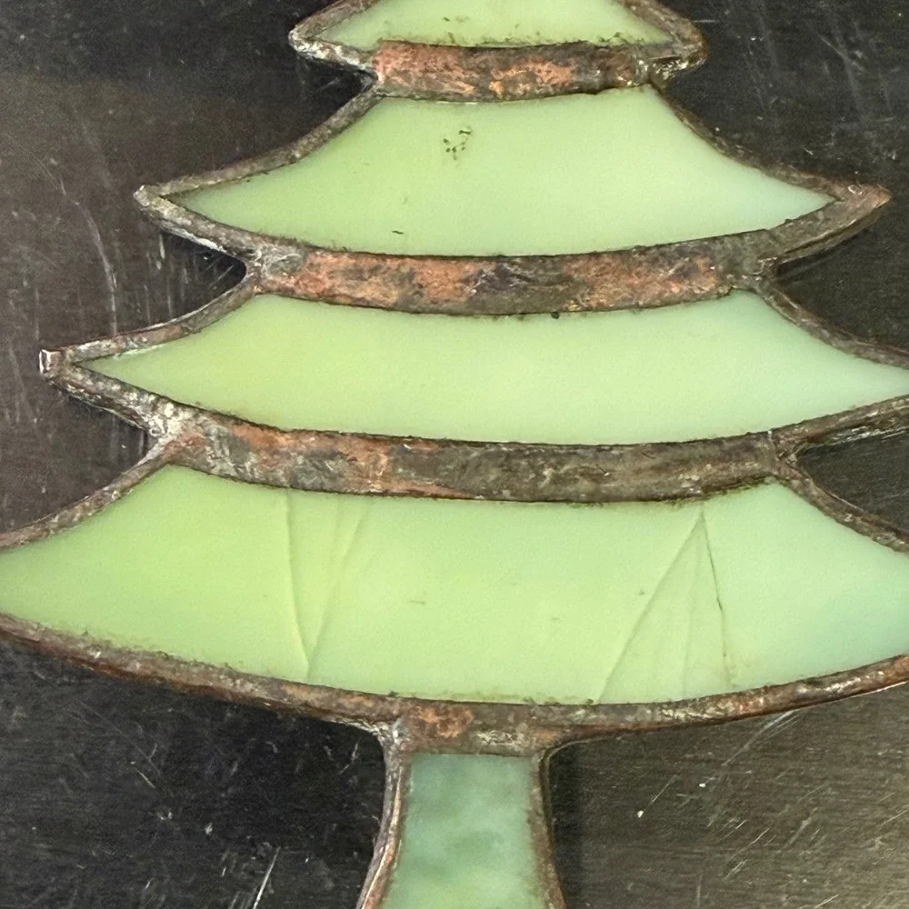 Vintage Stained Glass Christmas Tree Ornament Green Slag Glass Suncatcher 4.25in